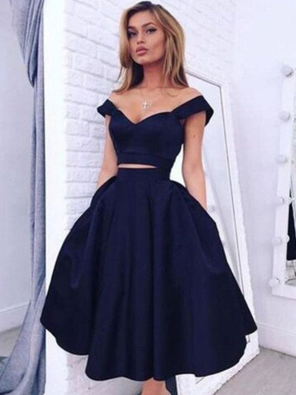 Wholesale A-Line/Princess Off-the-Shoulder Sleeveless Tea-Length Satin Two Piece Dresses