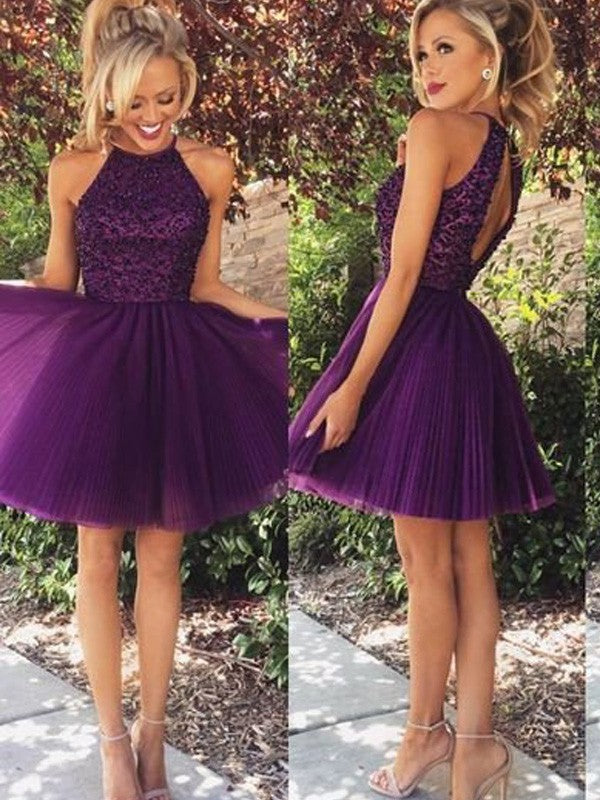 Wholesale A-Line/Princess Halter Sleeveless Beading Short/Mini Tulle Dresses
