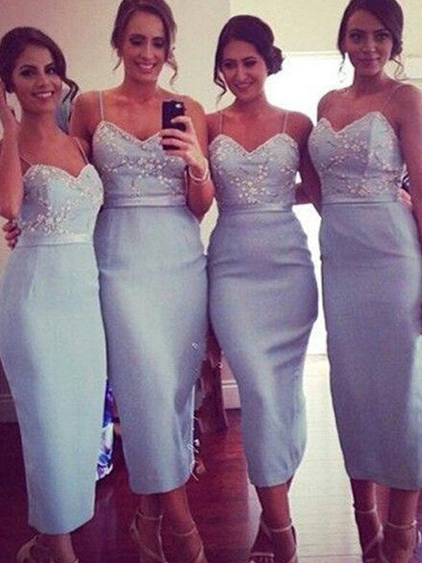 Wholesale Sheath/Column Spaghetti Straps Sleeveless Satin Knee-Length Bridesmaid Dresses