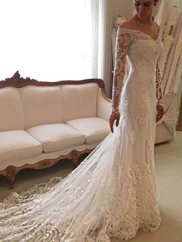 Wholesale Sheath/Column Long Sleeves Lace Off-the-Shoulder Court Train Wedding Dresses