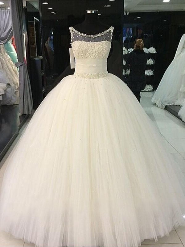 Wholesale Ball Gown Scoop Beading Tulle Sleeveless Floor-Length Wedding Dresses