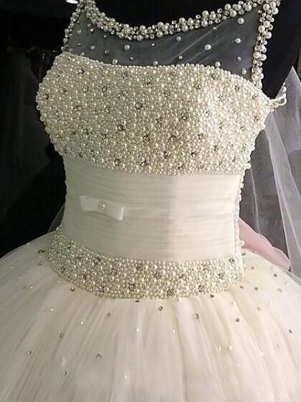 Wholesale Ball Gown Scoop Beading Tulle Sleeveless Floor-Length Wedding Dresses