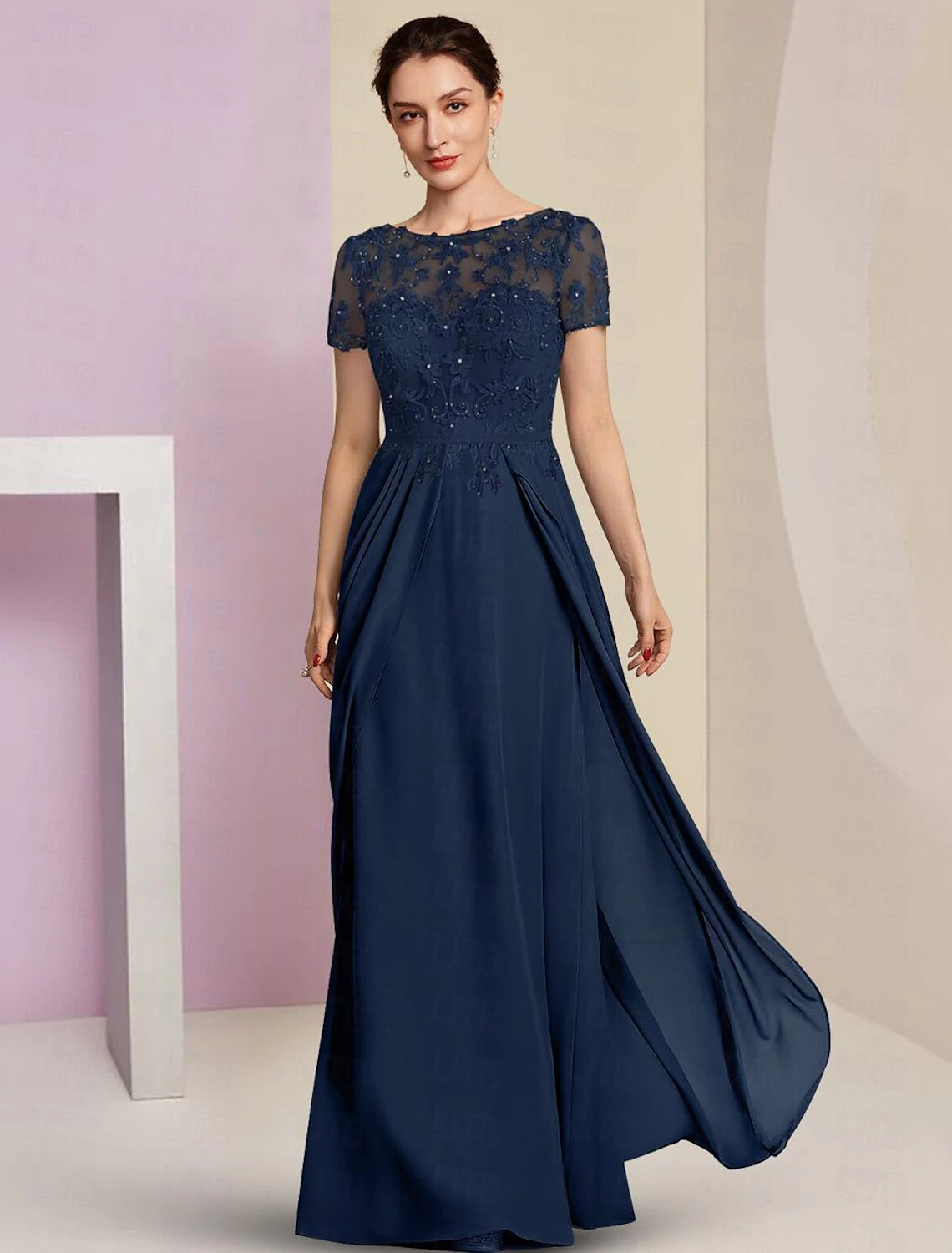 Wholesale A-Line Mother of the Bride Dress Formal Wedding Guest Elegant Bateau Neck Floor Length Chiffon Lace Short Sleeve with Lace Beading Embroidery