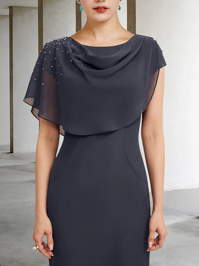 Wholesale Sheath / Column Mother of the Bride Dress Wedding Guest Vintage Elegant Jewel Neck Tea Length Chiffon Short Sleeve with Pearls Ruching