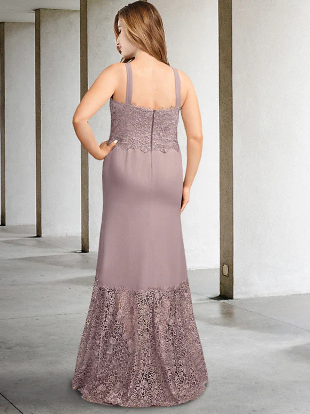 Wholesale Two Piece A-Line Plus Size Curve Mother of the Bride Dresses Elegant Dress Formal Asymmetrical Sleeveless Square Neck Chiffon with Appliques Splicing