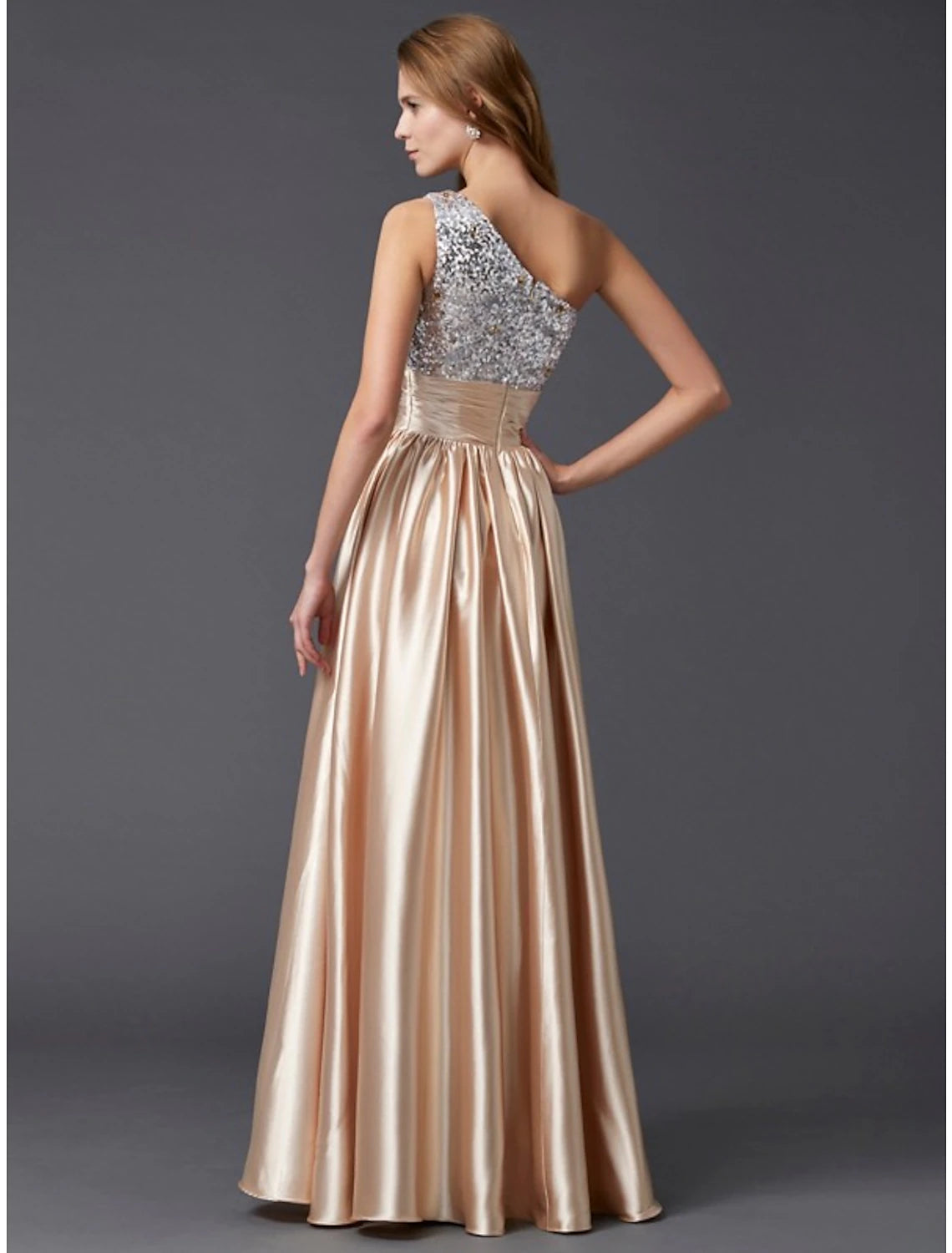 Wholesale  A-Line Prom Dresses Sparkle & Shine Dress Party Wear Wedding Party Floor Length Sleeveless One Shoulder Charmeuse with Pleats Sequin