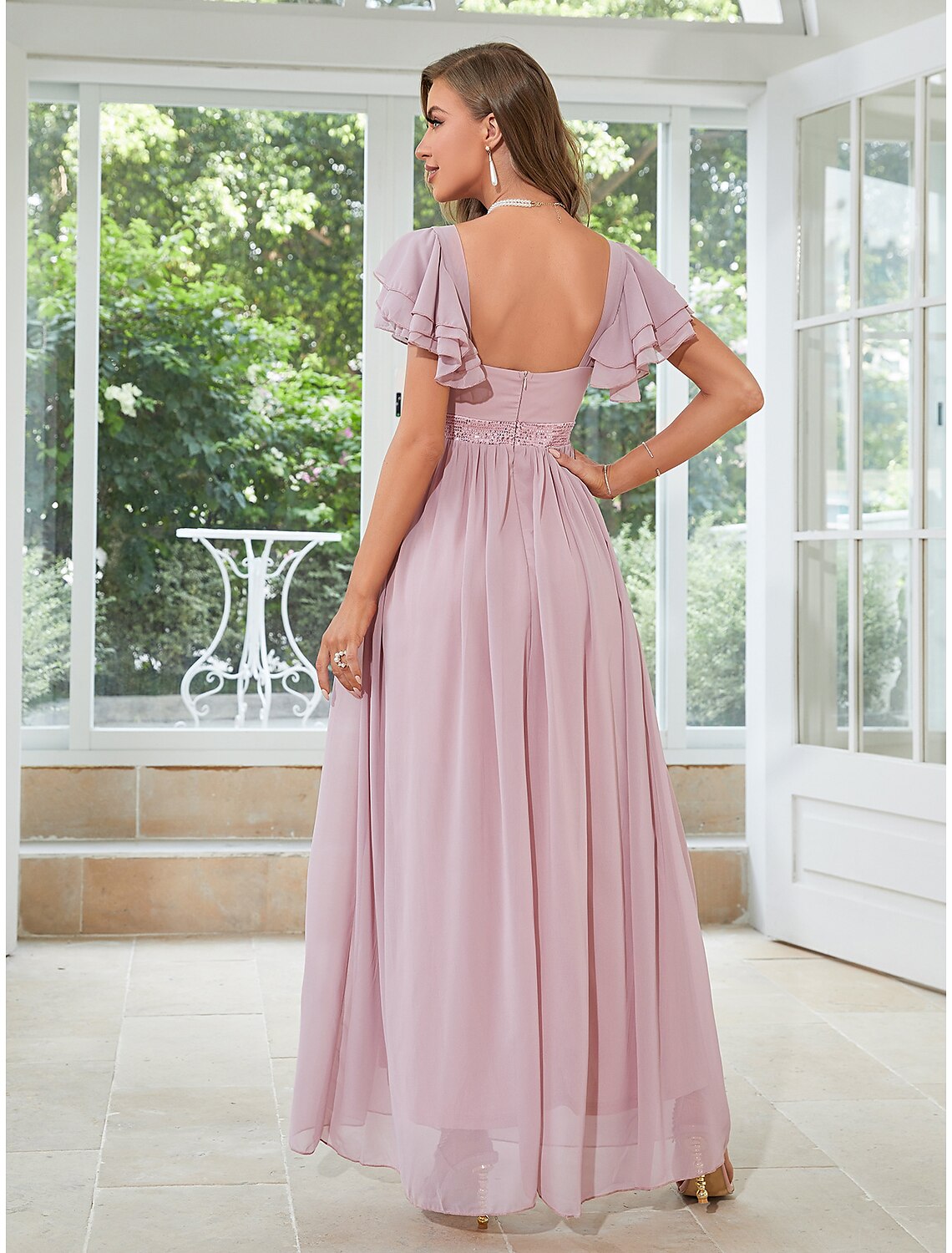 Wholesale  A-Line Wedding Guest Dresses Elegant Dress Party Wear Wedding Party Floor Length Short Sleeve Square Neck Chiffon with Ruffles