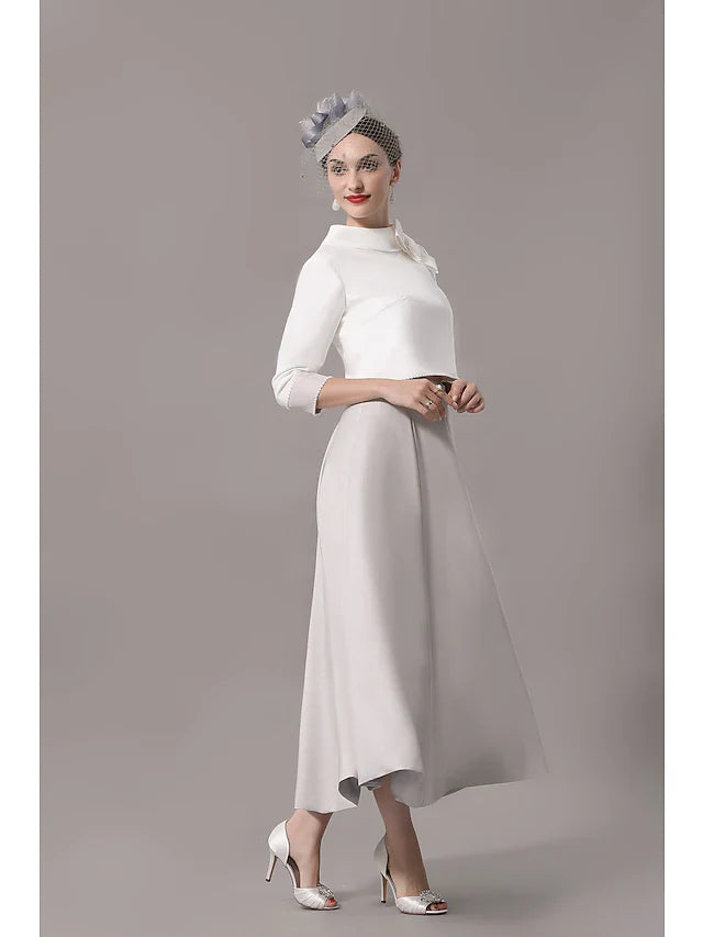 Wholesale Two Piece Mother of the Bride Dress Church Elegant Jewel Neck Ankle Length Stretch Satin 3/4 Length Sleeve with Bow(s)