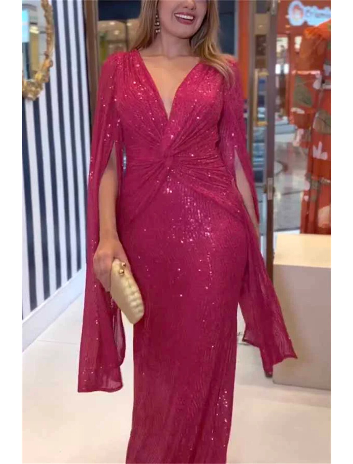 Wholesale Mermaid / Trumpet Evening Gown Elegant Dress Formal Wedding Guest Floor Length Sleeveless V Neck Capes Sequined with Ruched Sequin