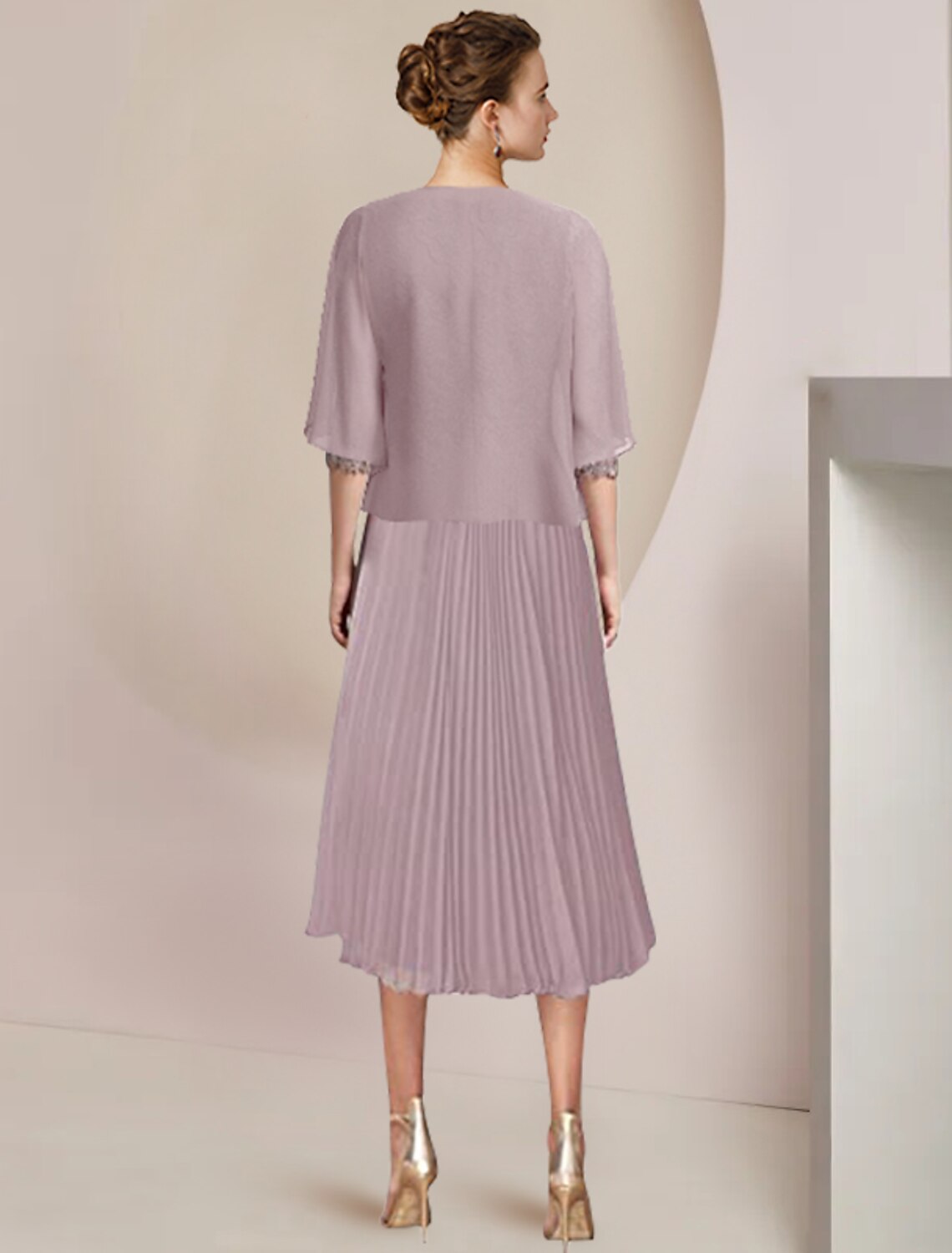 Wholesale  Two Piece A-Line Mother of the Bride Dress Formal Wedding Guest Elegant Scoop Neck Tea Length Lace 3/4 Length Sleeve Wrap Included with Pleats Appliques