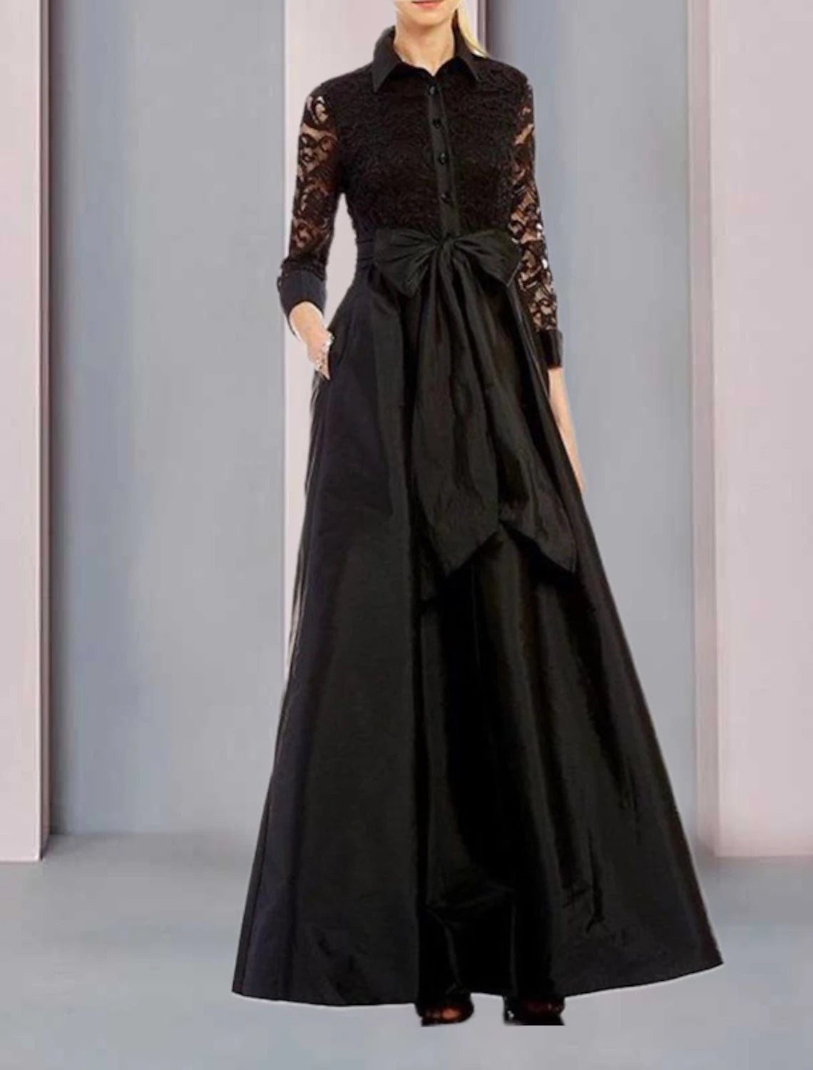 Wholesale A-Line Mother of the Bride Dress Formal Wedding Guest Elegant Party Shirt Collar Ankle Length Lace Taffeta 3/4 Length Sleeve with Bow(s) Appliques