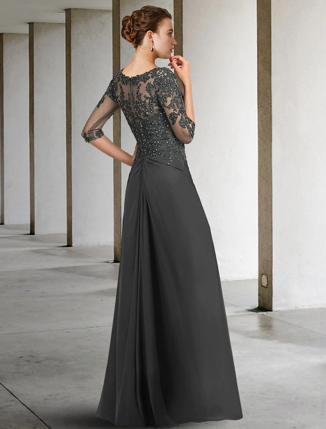 Wholesale Sheath / Column Mother of the Bride Dress Formal Wedding Guest Party Elegant Square Neck Floor Length Chiffon Lace 3/4 Length Sleeve with Sequin Appliques Ruching