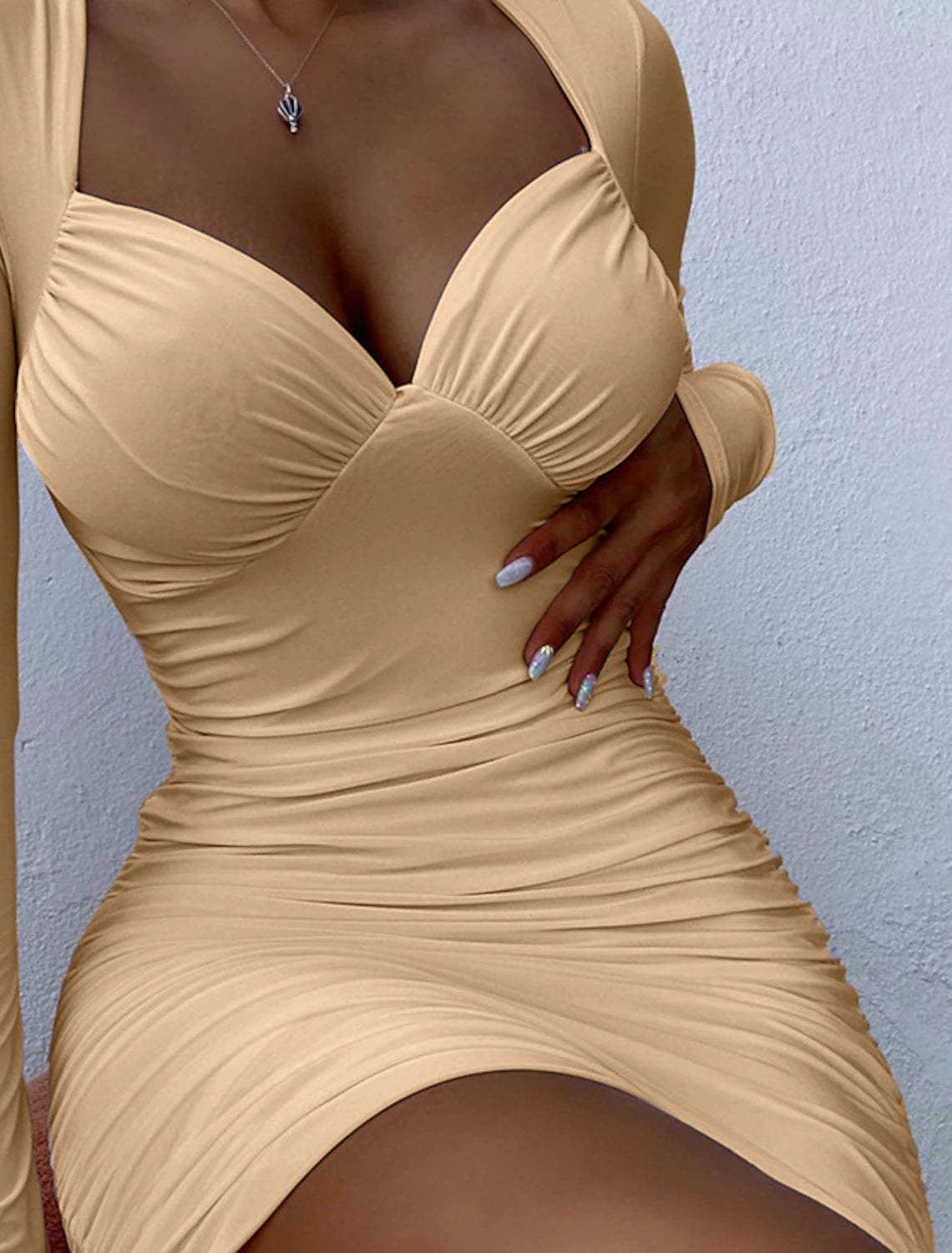 Wholesale A-Line Sexy bodycon Holiday Cocktail Party Dress Sweatheart Long Sleeve Short / Mini Cotton Blend with Sleek Pleats