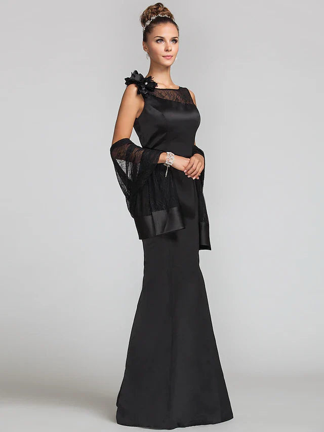 Wholesale Mermaid / Trumpet Mother of the Bride Dress Wrap Included Jewel Neck Floor Length Satin Lace Sleeveless with Lace Buttons Flower