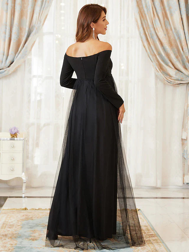 Wholesale A-Line Mother of the Bride Dress Maternity Elegant Off Shoulder Floor Length Tulle Long Sleeve with Tier