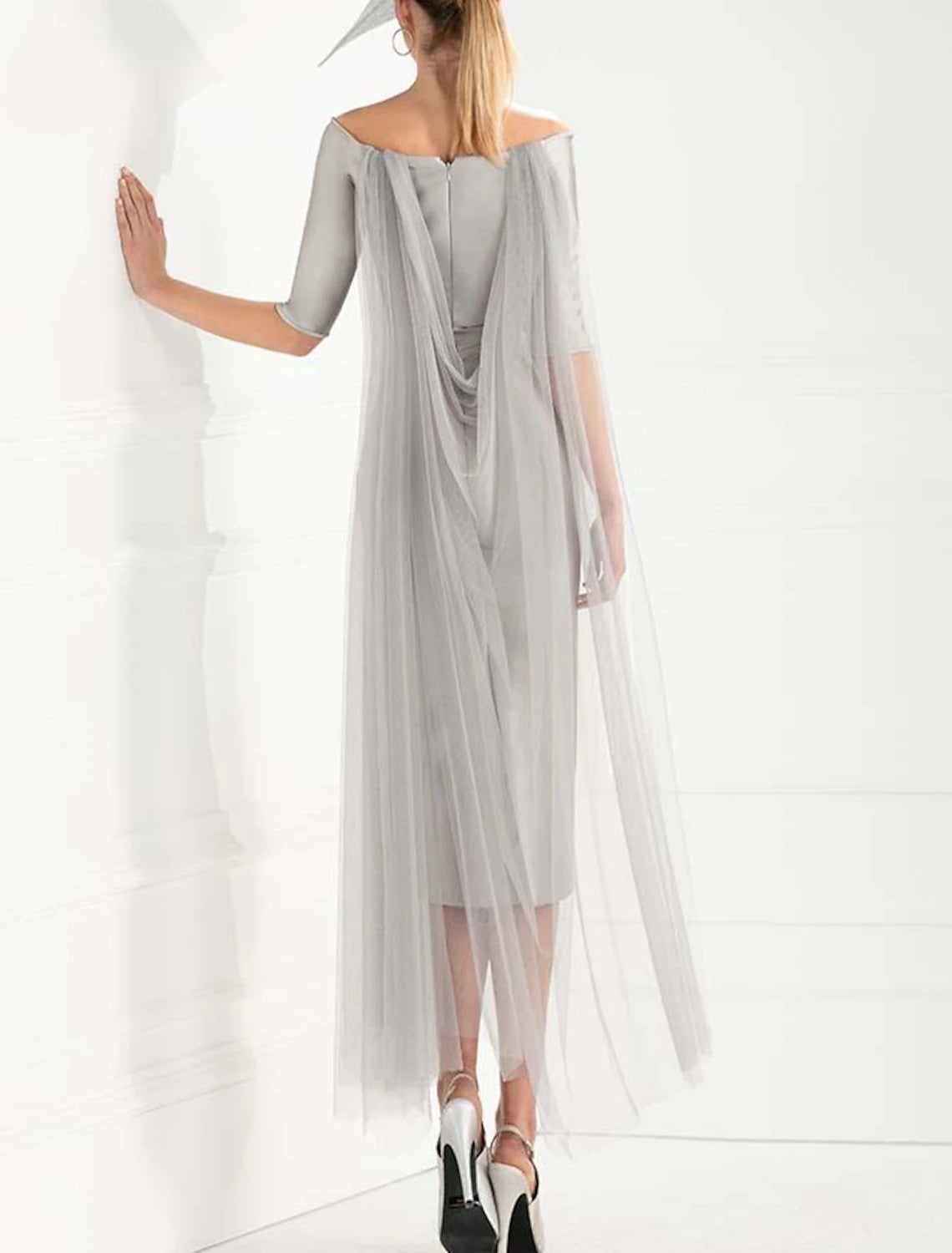 Wholesale Sheath / Column Cocktail Dresses Elegant Dress Party Wear Wedding Party Tea Length Half Sleeve Off Shoulder Capes Taffeta with Appliques