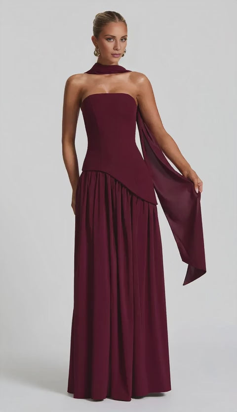 Elegant Strapless High Neck Lace-Up Back Asymmetrical Drape Maxi Dress Prom Dress