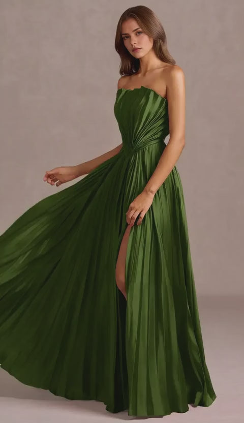 Elegant Strapless Pleated High Slit Open Back A-Line Maxi Dress Prom Dress