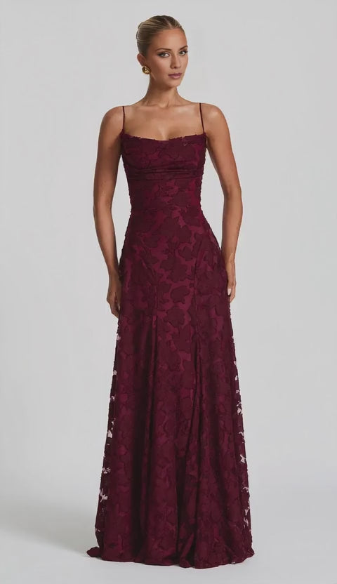 Elegant Spaghetti Strap Lace Crisscross Back A-Line Floor-Length Maxi Dress Prom Dress