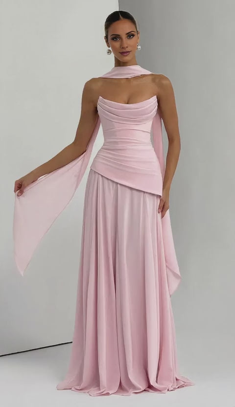 Elegant Strapless Draped Lace-Up Back Asymmetrical Floor-Length Maxi Dress Prom Dress