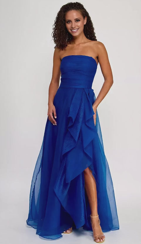 Elegant Strapless Ruffled High Slit Chiffon Maxi Dress with Pockets Prom Dress