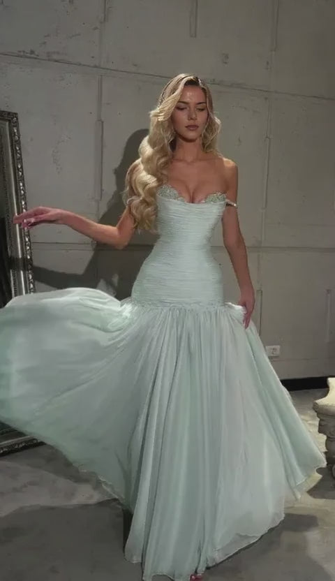 Elegant Spaghetti Strap Ruched Beaded Strap Chiffon Mermaid Maxi Dress Prom Dress