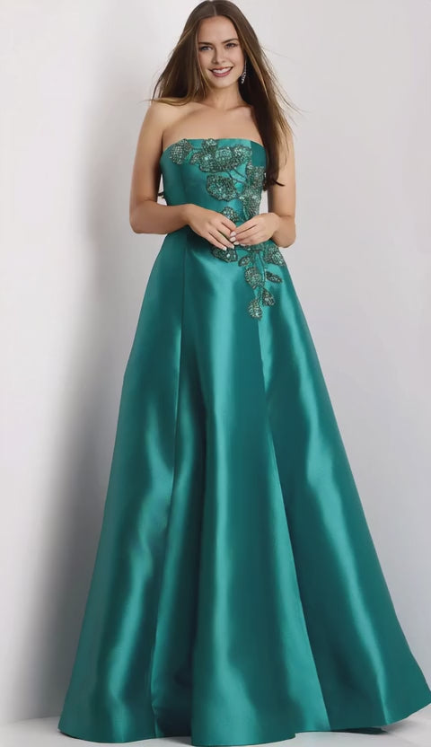 Elegant Strapless Beaded Floral Satin Ball Gown Floor-Length Maxi Dress Prom Dress