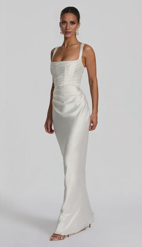 Elegant Square Neck Lace-Up Back Satin Mermaid Floor-Length Maxi Dress Prom Dress