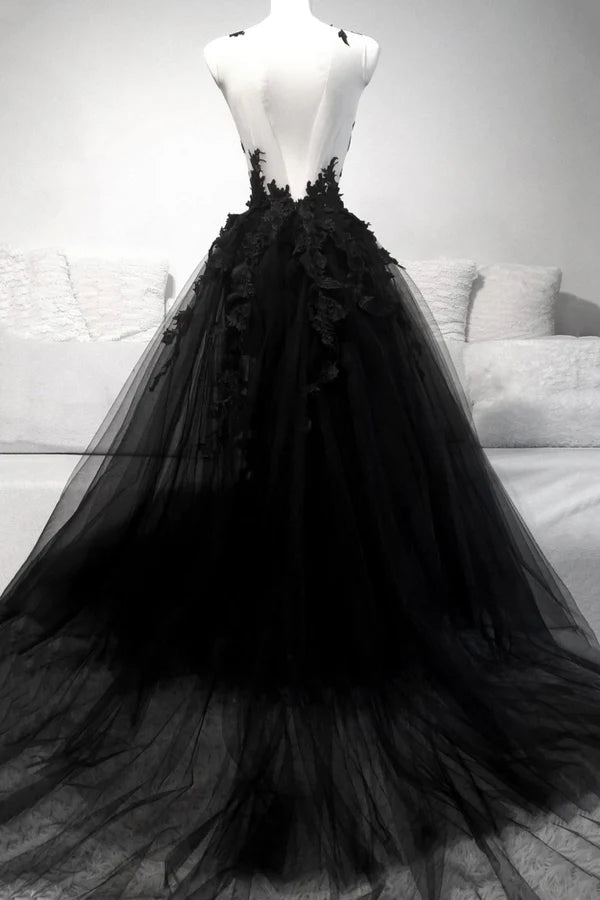 Wholesale Black Tulle Lace Long A-Line Prom Dress Black V-Neck Evening Dress