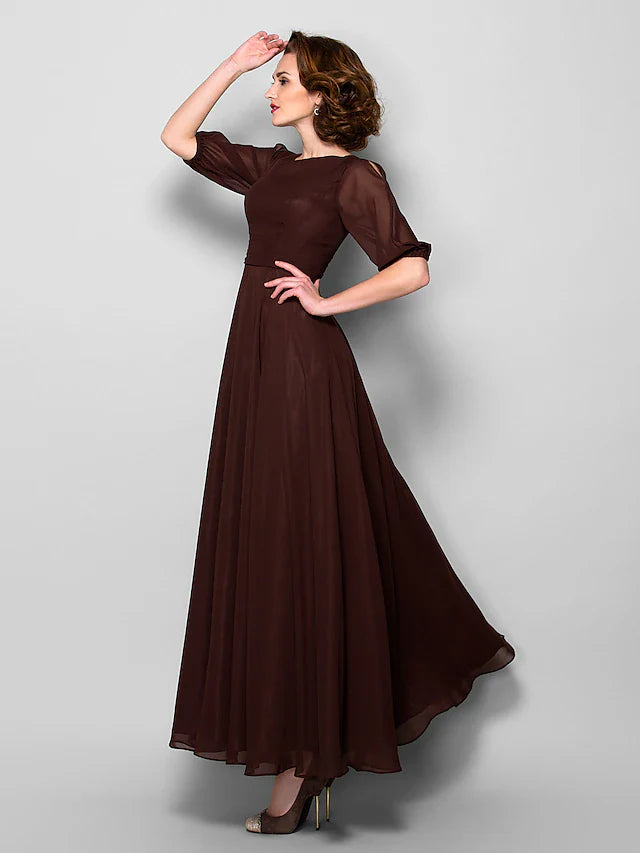 Wholesale A-Line Mother of the Bride Dress Elegant Jewel Neck Ankle Length Chiffon Half Sleeve with Sash / Ribbon Ruched