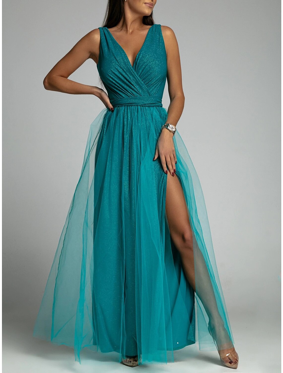Wholesale A-Line Party Dresses Sexy Dress Wedding Guest Prom Floor Length Sleeveless V Neck Polyester with Ruched Slit