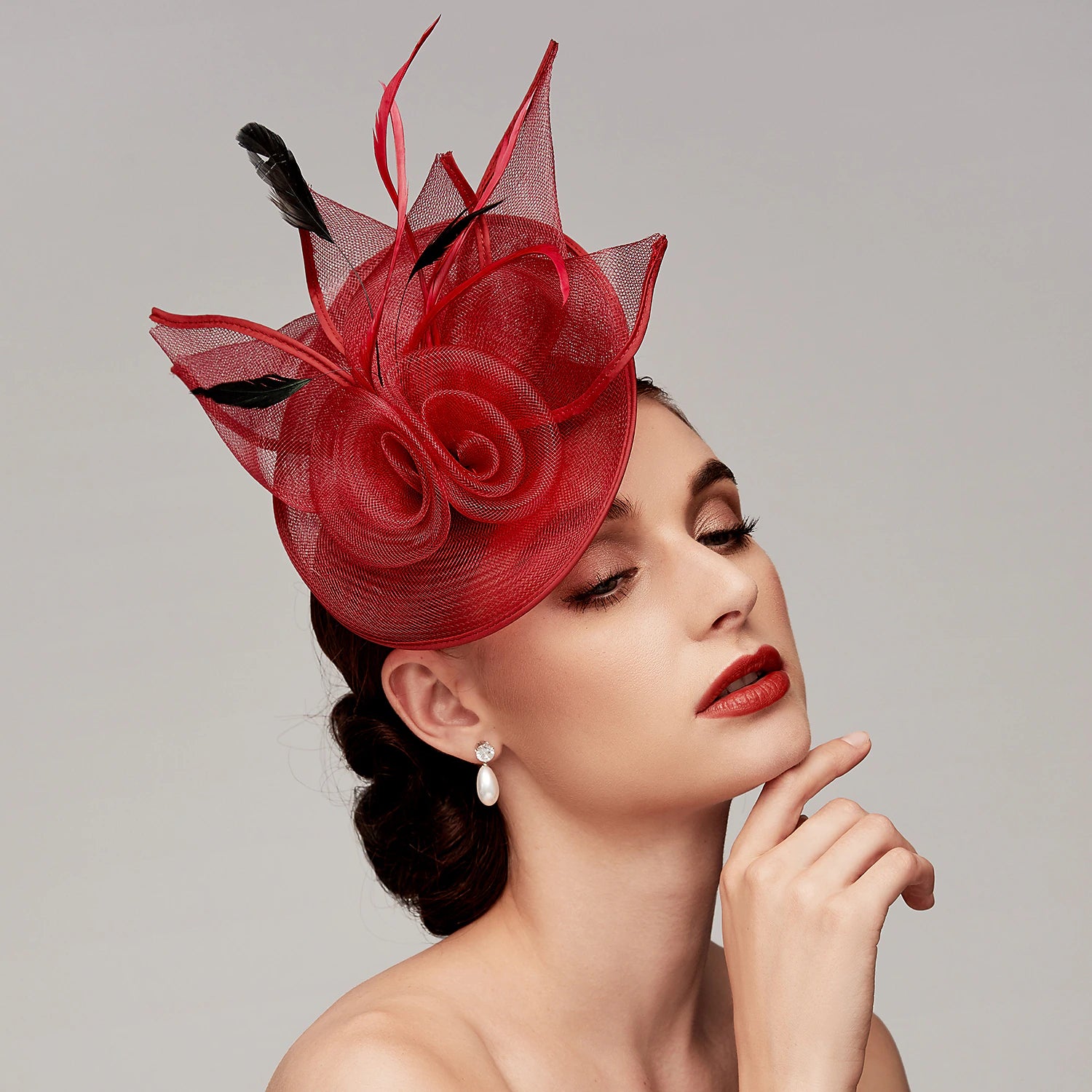 Wholesale Fascinators Feather Net Kentucky Derby Hat Fascinators Headpiece with Feather Floral Flower 1PC Wedding Horse Race Ladies Day Melbourne Cup Headpiece