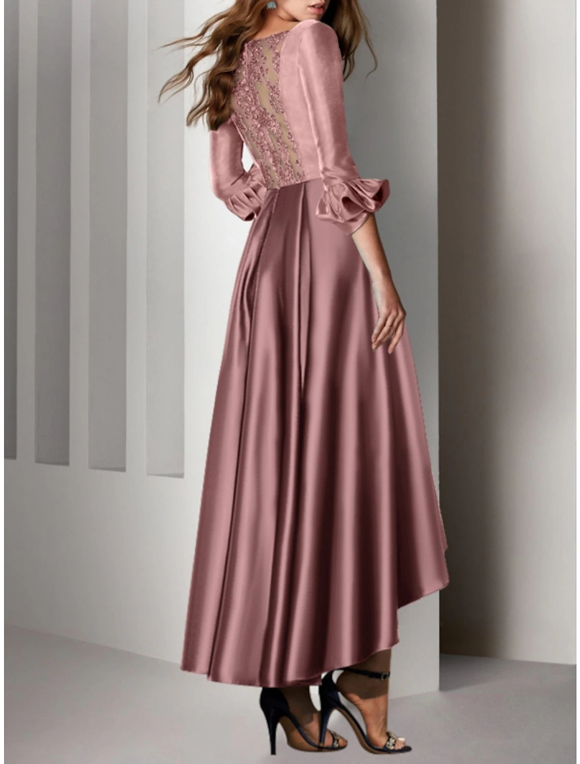 Wholesale A-Line Cocktail Dresses Elegant Dress Wedding Guest Birthday Asymmetrical 3/4 Length Sleeve V Neck Satin with Bow(s) Pleats