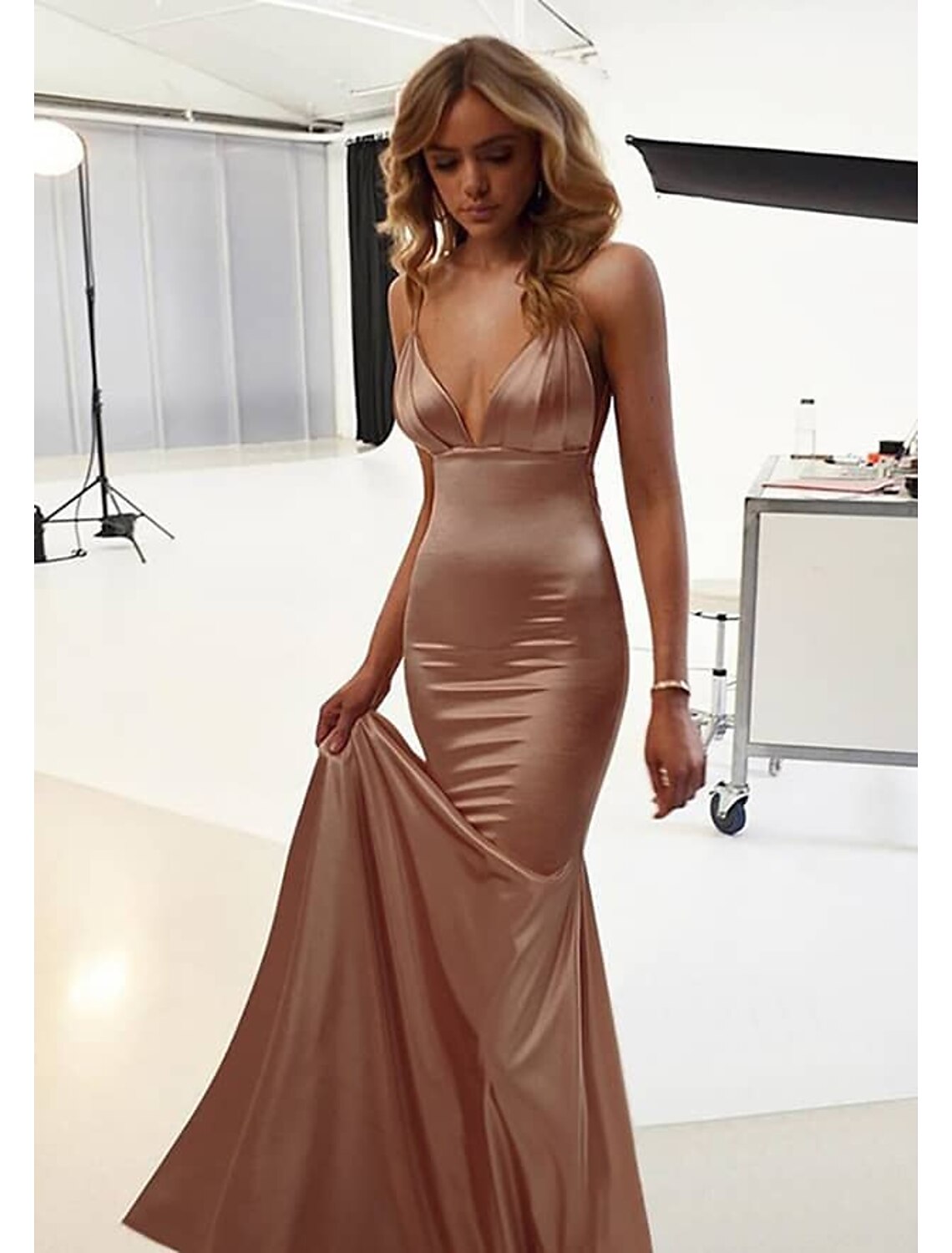 Wholesale  Mermaid / Trumpet Wedding Guest Dresses Sexy Dress Prom Black Tie Gala Floor Length Sleeveless Spaghetti Strap Cotton Backless with Ruched
