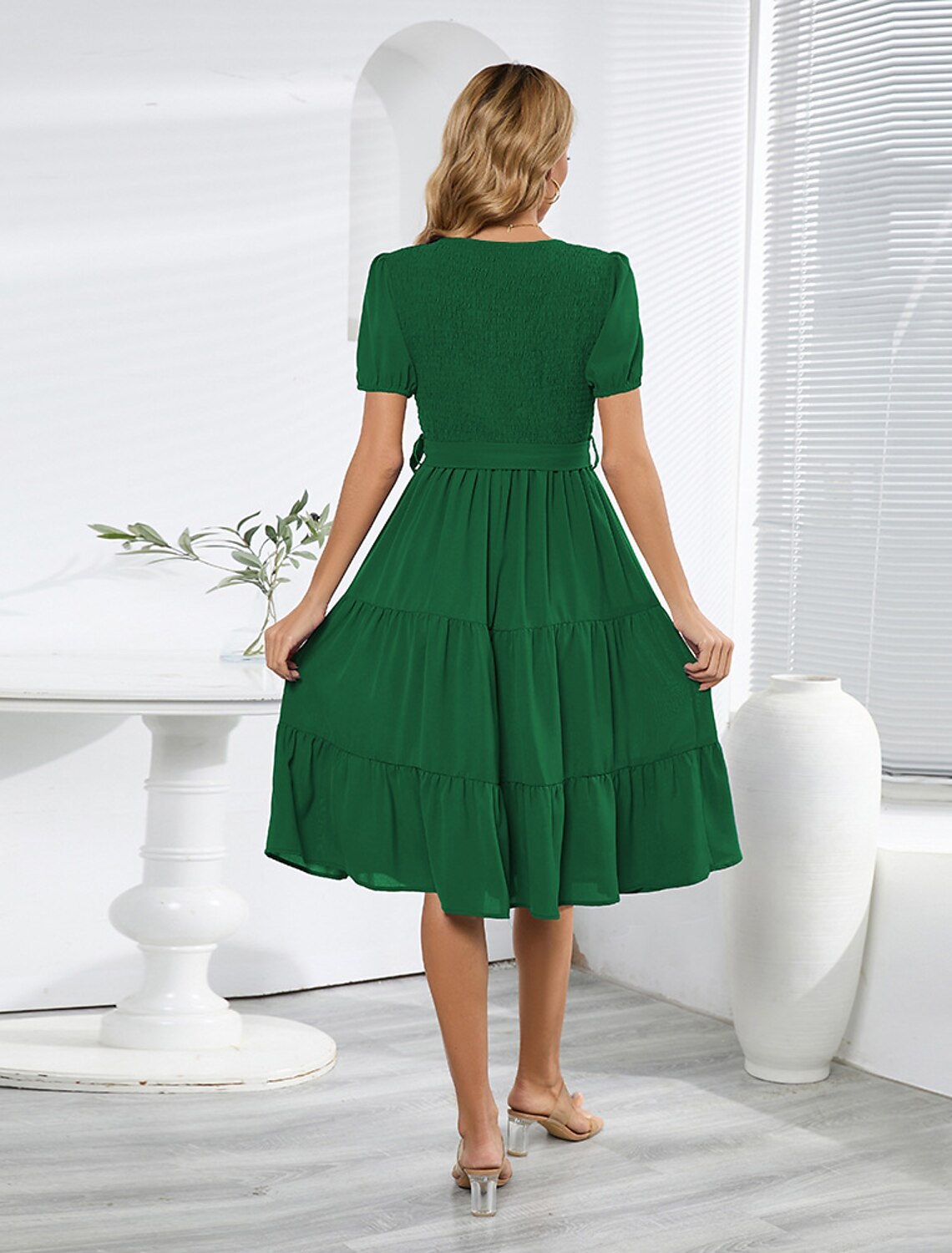 Wholesale A-Line Cocktail Dresses Party Dress Wedding Guest Cocktail Party Knee Length Short Sleeve Jewel Neck Belt / Sash Spandex with Pleats Ruched