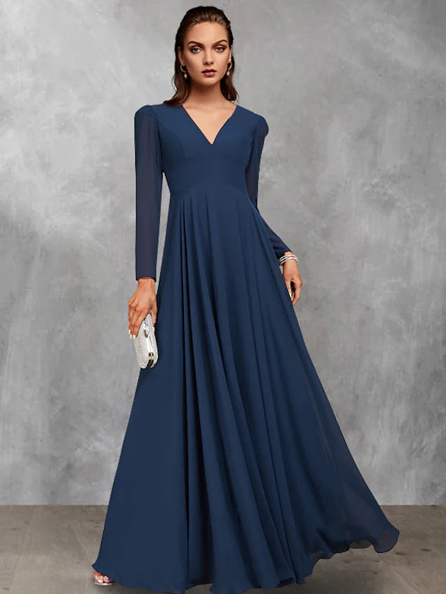 Wholesale A-Line Mother of the Bride Dress Vintage Elegant V Neck Floor Length Chiffon Long Sleeve with Ruffles Ruching