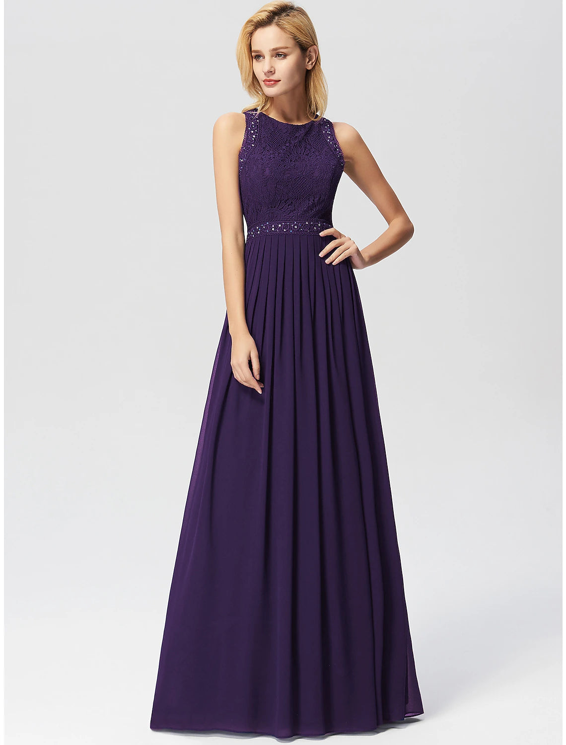 Wholesale  A-Line Prom Dresses Maxi Dress Wedding Guest Prom Floor Length Sleeveless Jewel Neck Bridesmaid Dress Chiffon with Pleats Lace Insert