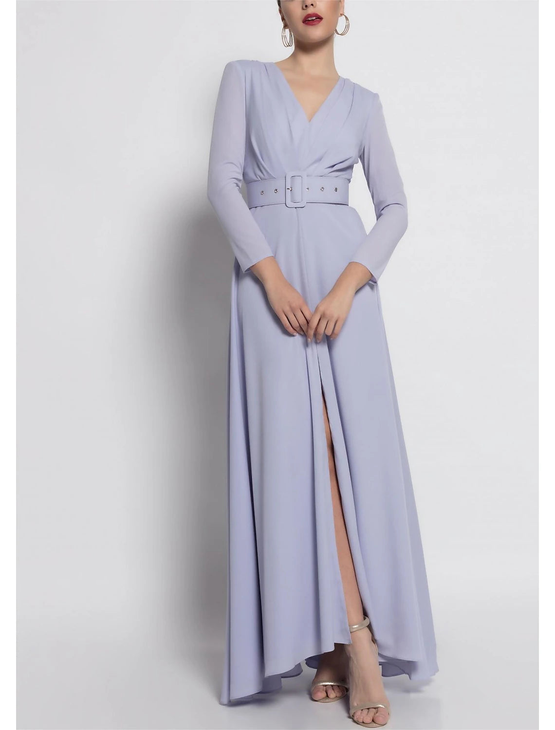 Wholesale A-Line Mother of the Bride Dress Formal Wedding Guest Elegant V Neck Ankle Length Chiffon Long Sleeve with Sash / Ribbon Solid Color