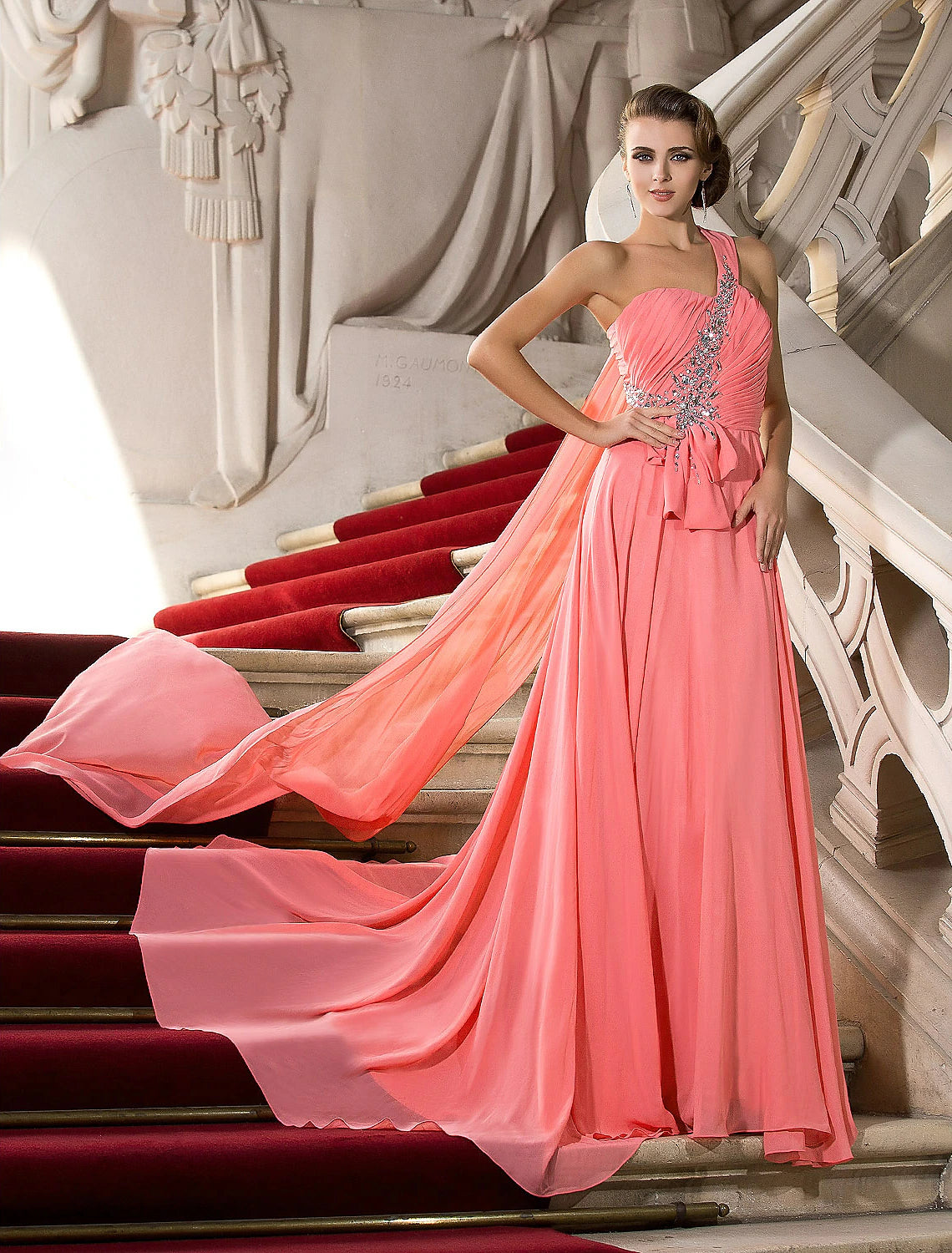Wholesale  A-Line Elegant Dress Wedding Guest Engagement Court Train Sleeveless One Shoulder Chiffon with Crystals Draping