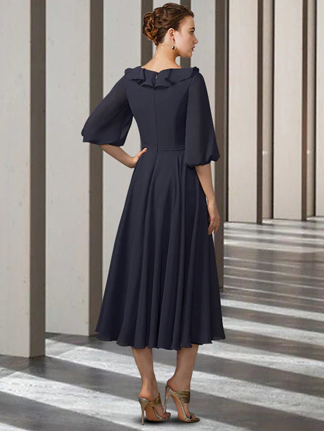 Wholesale A-Line Mother of the Bride Dress Elegant Jewel Neck Tea Length Chiffon Half Sleeve with Pleats Ruffles