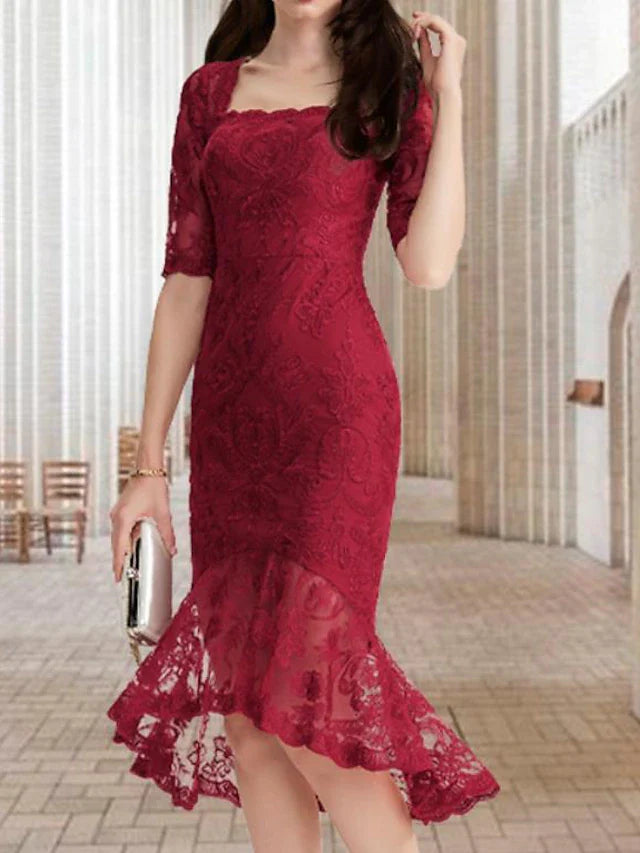 Wholesale Mermaid / Trumpet Mother of the Bride Dress Vintage Elegant High Low Square Neck Asymmetrical Tea Length Lace Half Sleeve with Ruffles Appliques