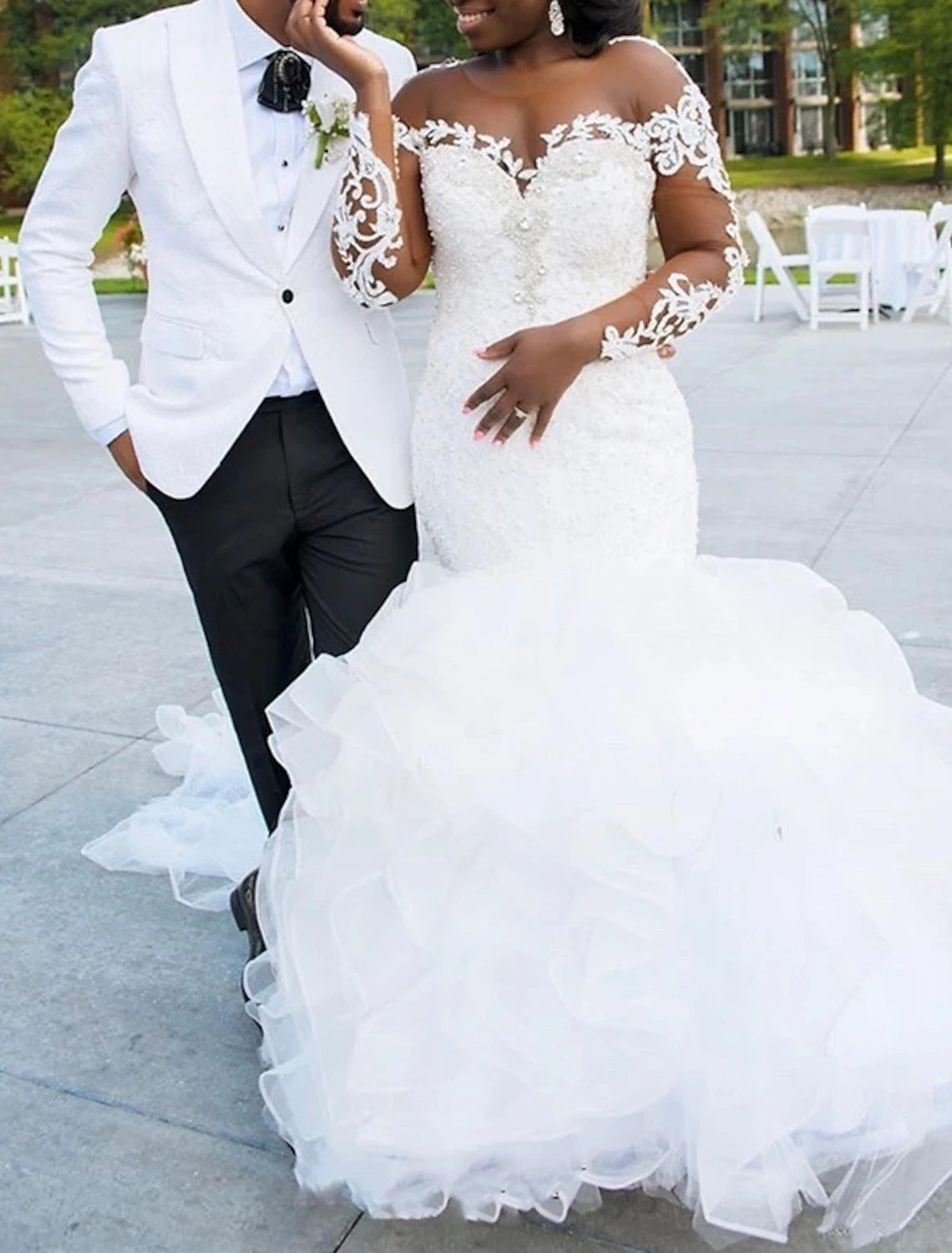 Wholesale Engagement Plus Size Curve Formal Wedding Dresses Mermaid / Trumpet Off Shoulder Long Sleeve Cathedral Train Lace Bridal Gowns With Appliques Solid Color