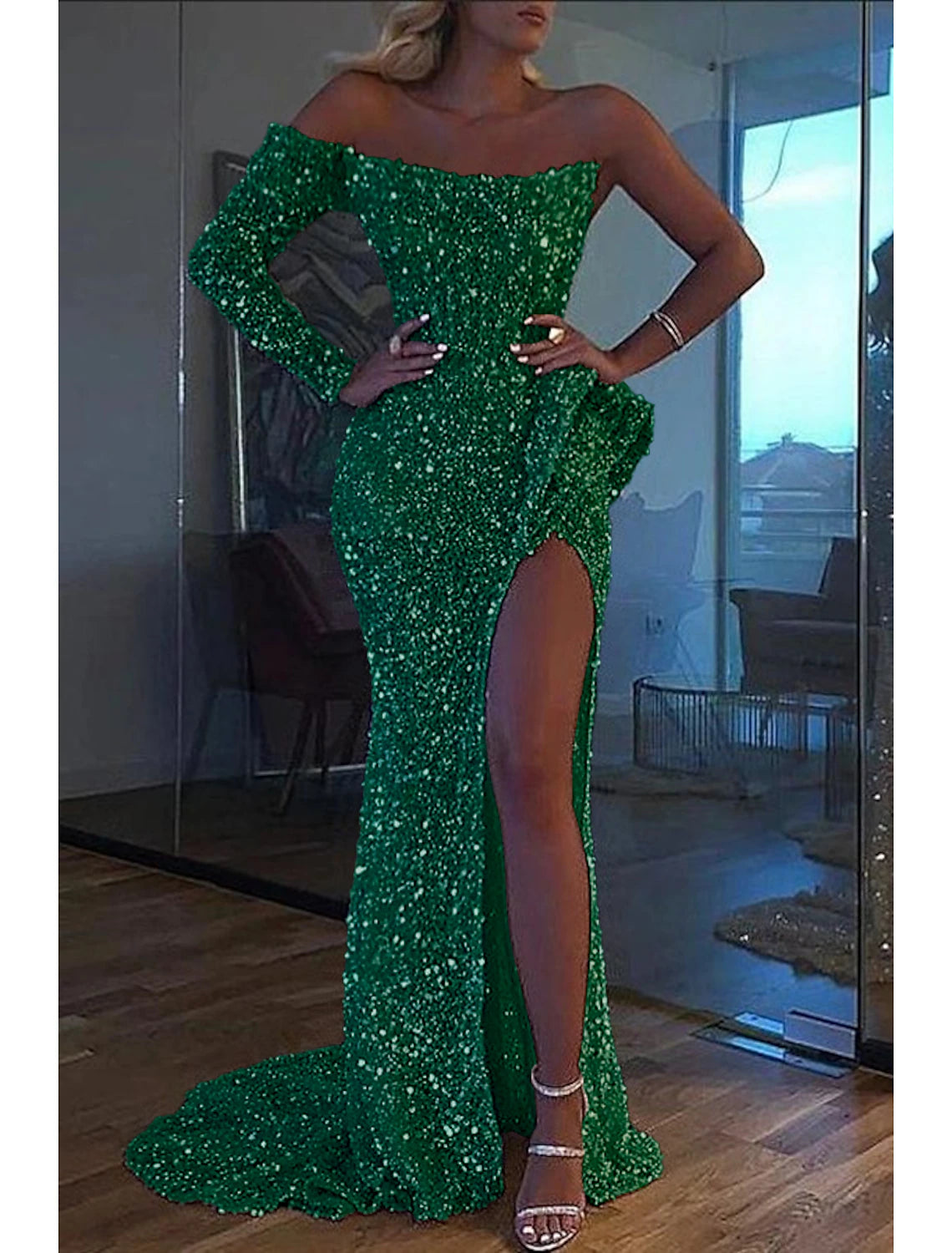 Wholesale Mermaid Dress Evening Gown Christmas Red Green Dress Formal Wedding Court Train Long Sleeve One Shoulder Sequined with Sequin Slit