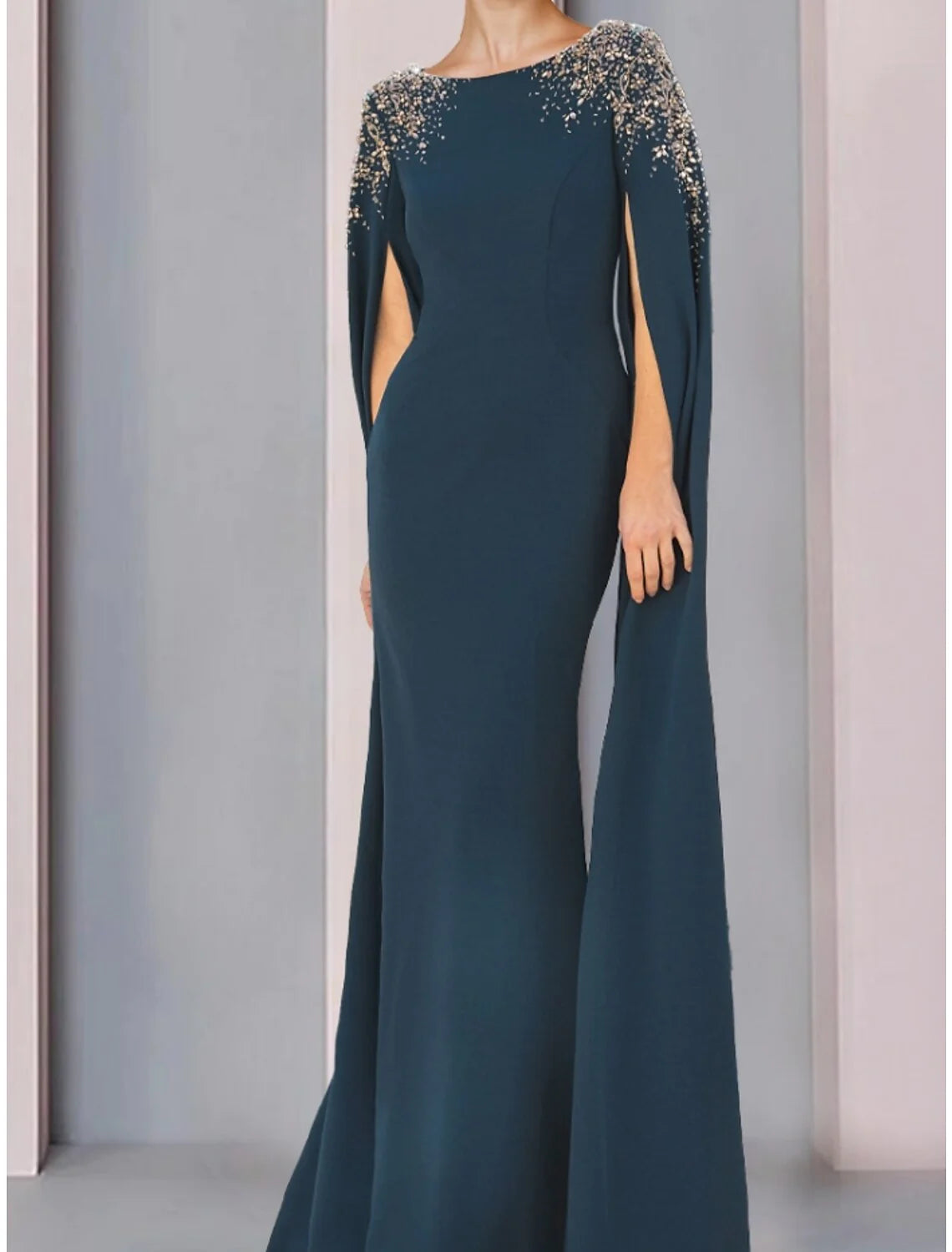 Wholesale Mermaid / Trumpet Mother of the Bride Dress Wedding Guest Elegant Scoop Neck Sweep / Brush Train Stretch Chiffon Long Sleeve with Sequin Ruching