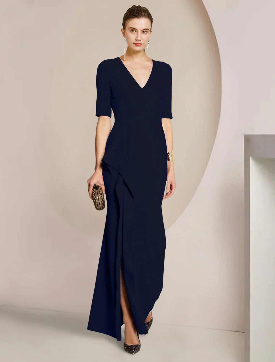 Wholesale Sheath / Column Mother of the Bride Dress Formal Wedding Guest Elegant V Neck Floor Length Satin Half Sleeve with Split Front Ruching