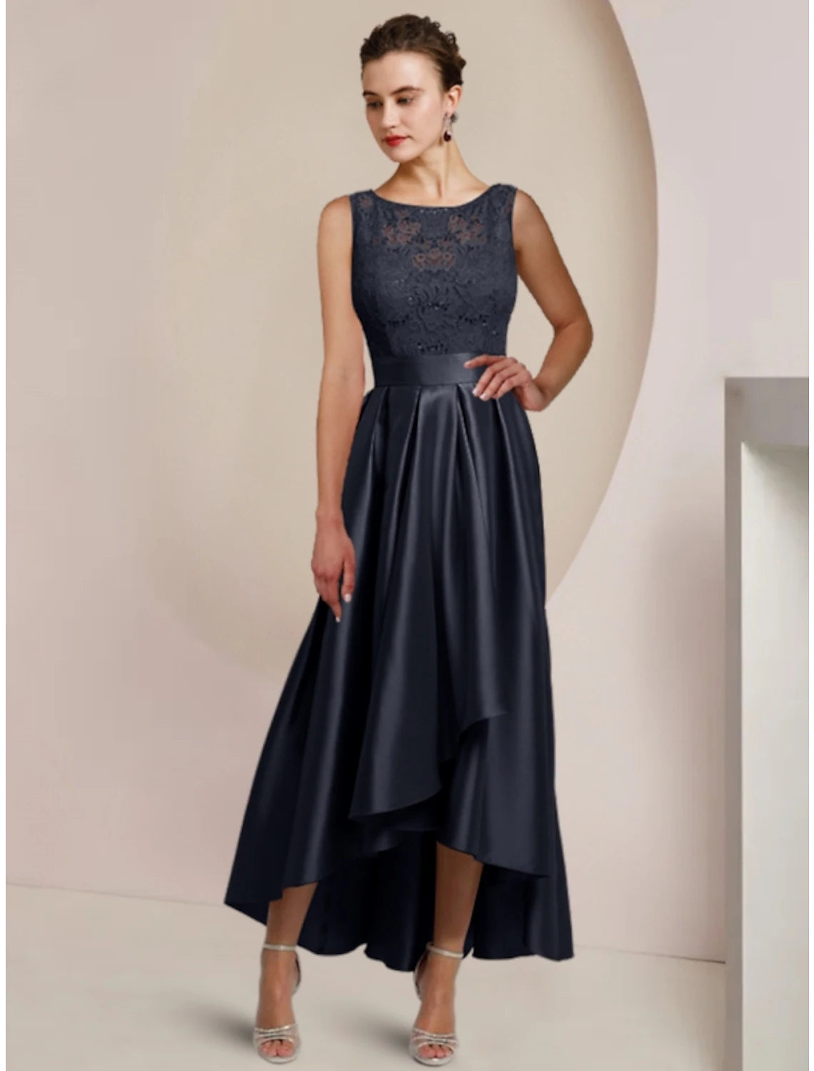 Wholesale  Sheath / Column Mother of the Bride Dress Wedding Guest Minimalist Elegant Scoop Neck Asymmetrical Ankle Length Satin Lace Half Sleeve with Pleats Solid