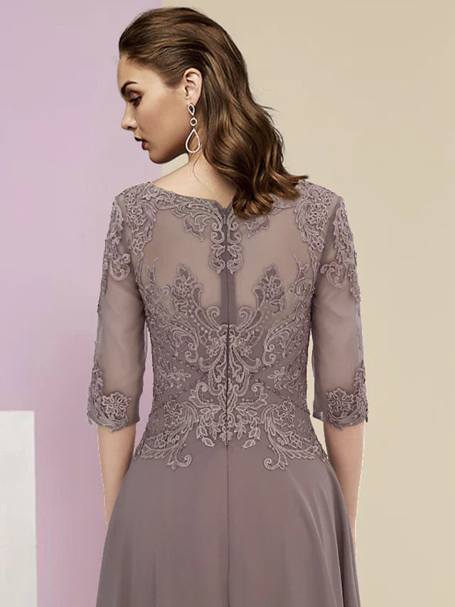 Wholesale A-Line Mother of the Bride Dress Elegant High Low Jewel Neck Asymmetrical Ankle Length Chiffon Lace Half Sleeve with Pleats Appliques