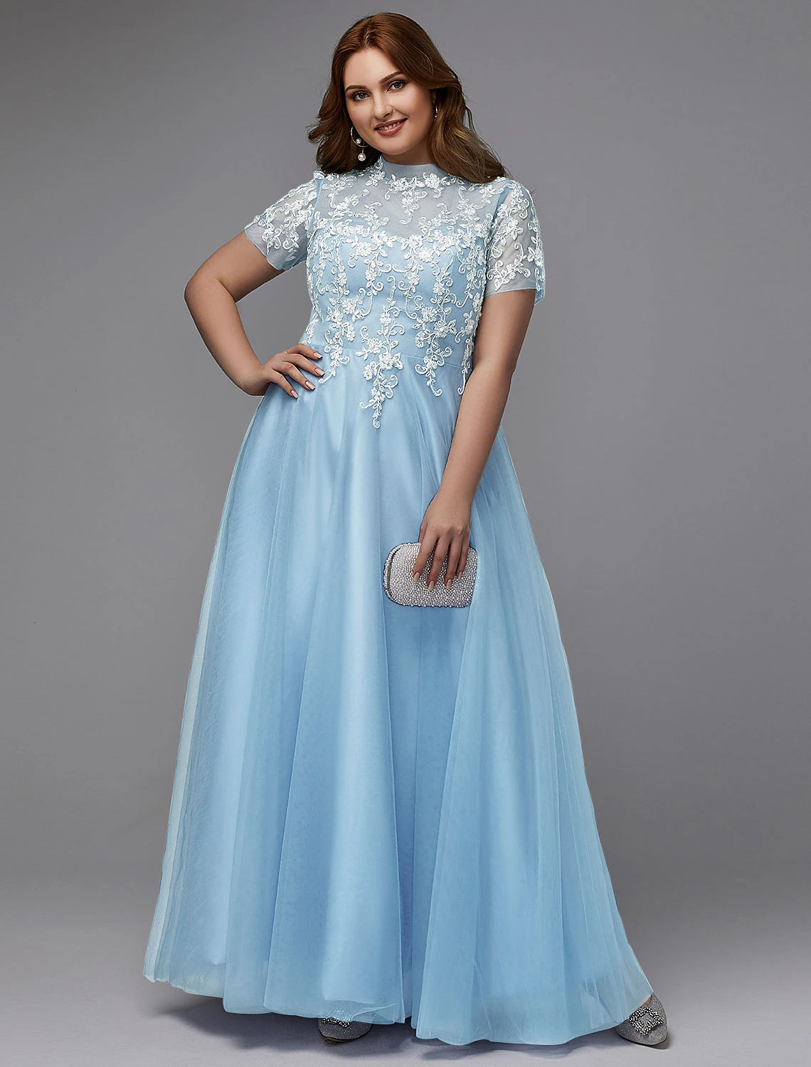 Wholesale  A-Line Plus Size Dress Wedding Guest Prom Floor Length Short Sleeve High Neck Lace Lace-up with Appliques