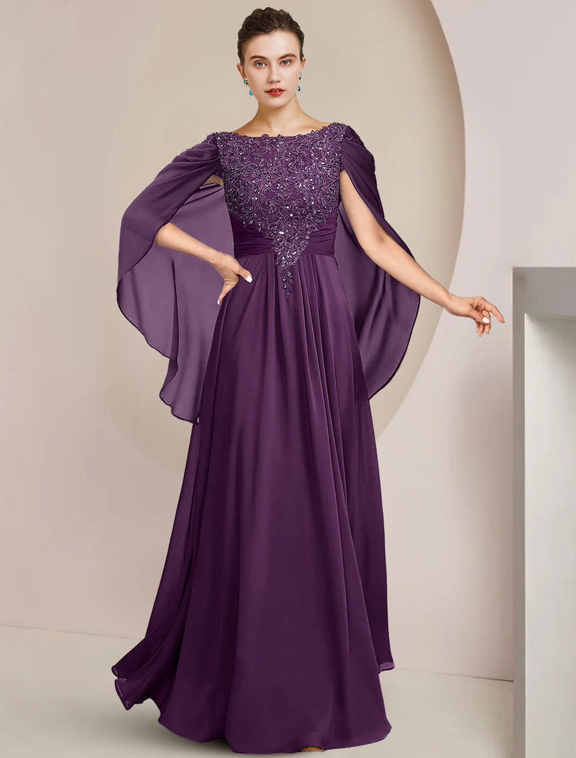 Wholesale  A-Line Mother of the Bride Dress Formal Wedding Guest Elegant Scoop Neck Floor Length Chiffon Lace Sleeveless with Beading Sequin Appliques