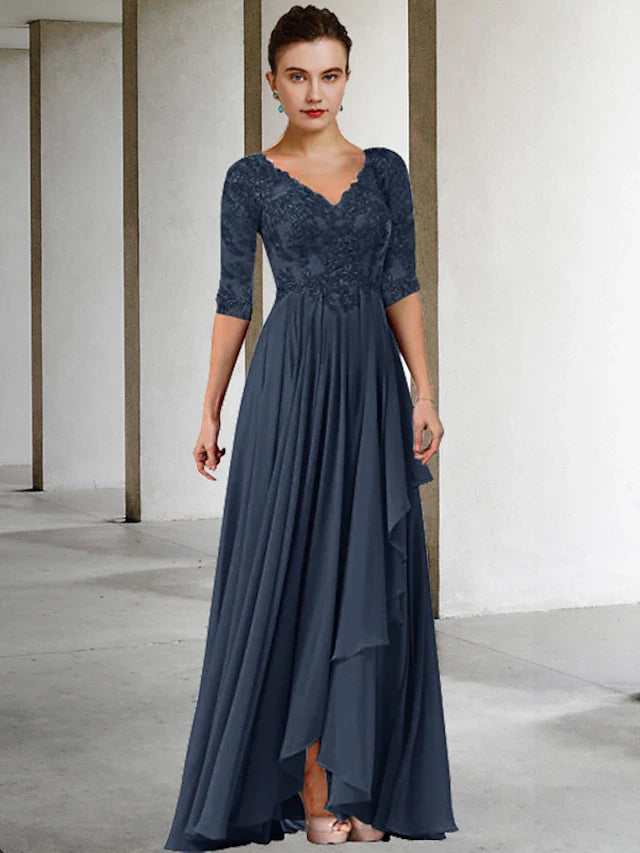 Wholesale Two Piece A-Line Mother of the Bride Dress Plus Size Elegant High Low V Neck Asymmetrical Floor Length Chiffon Lace Half Sleeve Wrap Included Jacket Dresses with Pleats Appliques